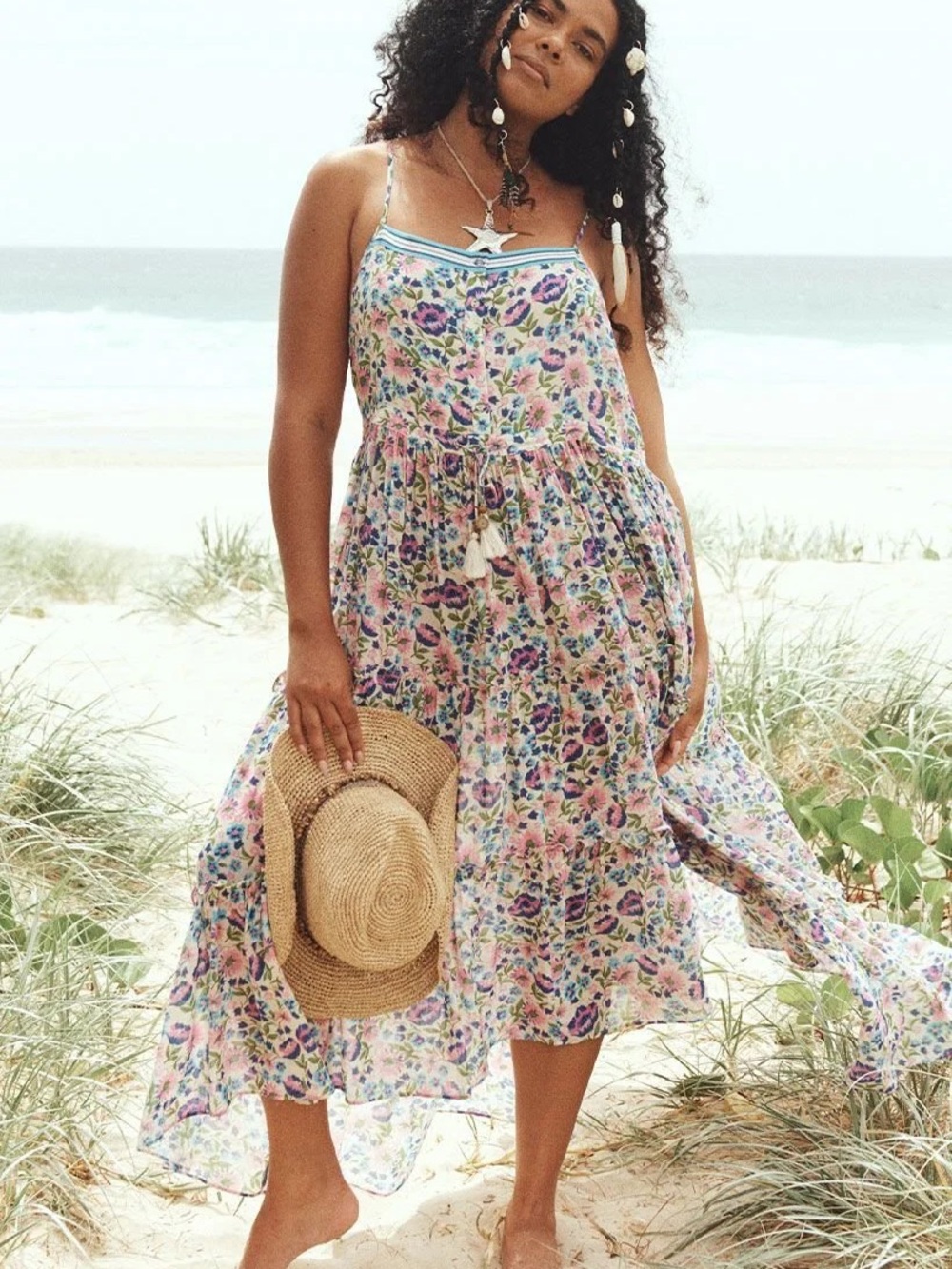 Spell Impala Lily Sundress Blue Pink Floral Tiered Flowy Large Resortwear - Picture 8 of 16